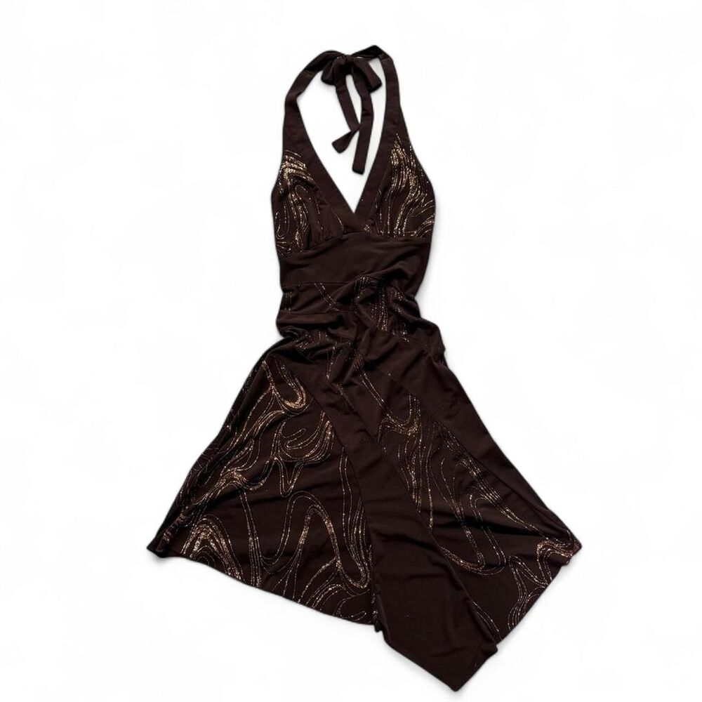 Vintage La Belle Women's Brown and Gold Halter Dress